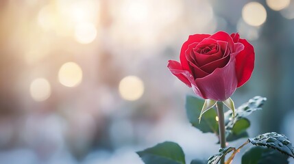 Close up shot of a single vibrant red rose with glowing golden highlights against a soft blurred background  The rose blossom displays delicate petals and lush botanical details