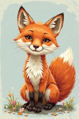 Obraz premium Adorable Cartoon Fox Illustration Sitting in Flowers Cute Wildlife Art Digital Painting