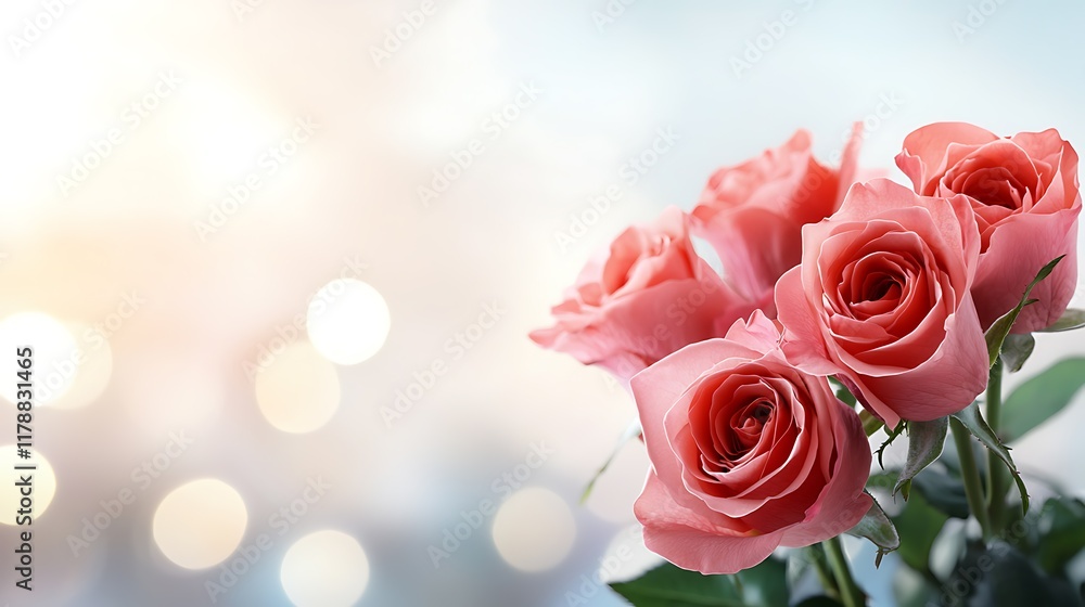 Poster cluster of vibrant red roses in full bloom set against a soft golden bokeh background the delicate l