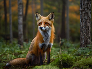 A red fox in the forest, its pointed, elegant ears standing tall, contrasting beautifully with its lush orange fur and the greenery around it.