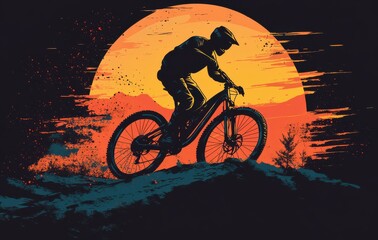 Graphic silhouette of a mountain biker riding against a vibrant sunset background with splatters and birds flying, representing adventure and freedom in nature