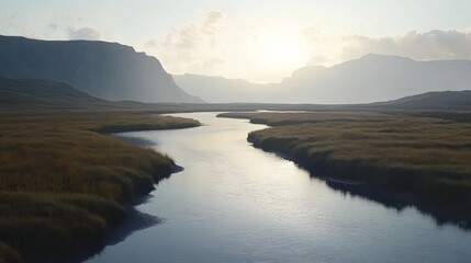 Fototapeta premium A serene river meanders through a lush green landscape, illuminated by the gentle light of sunrise, embodying tranquility and natural beauty.