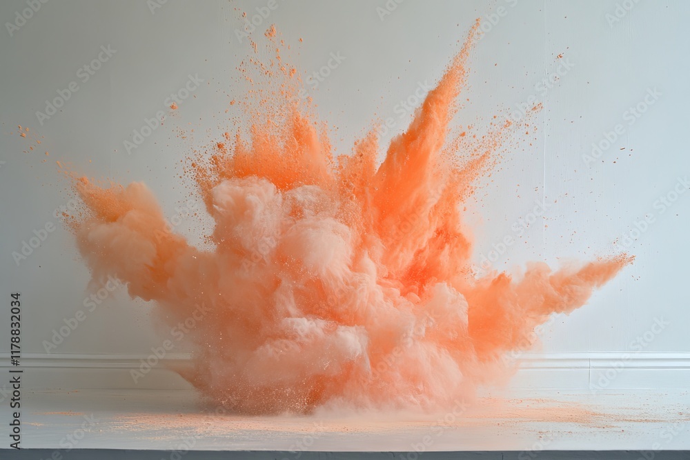 Poster a stunning capture of orange powder exploding against a white backdrop, showcasing dynamic movement 