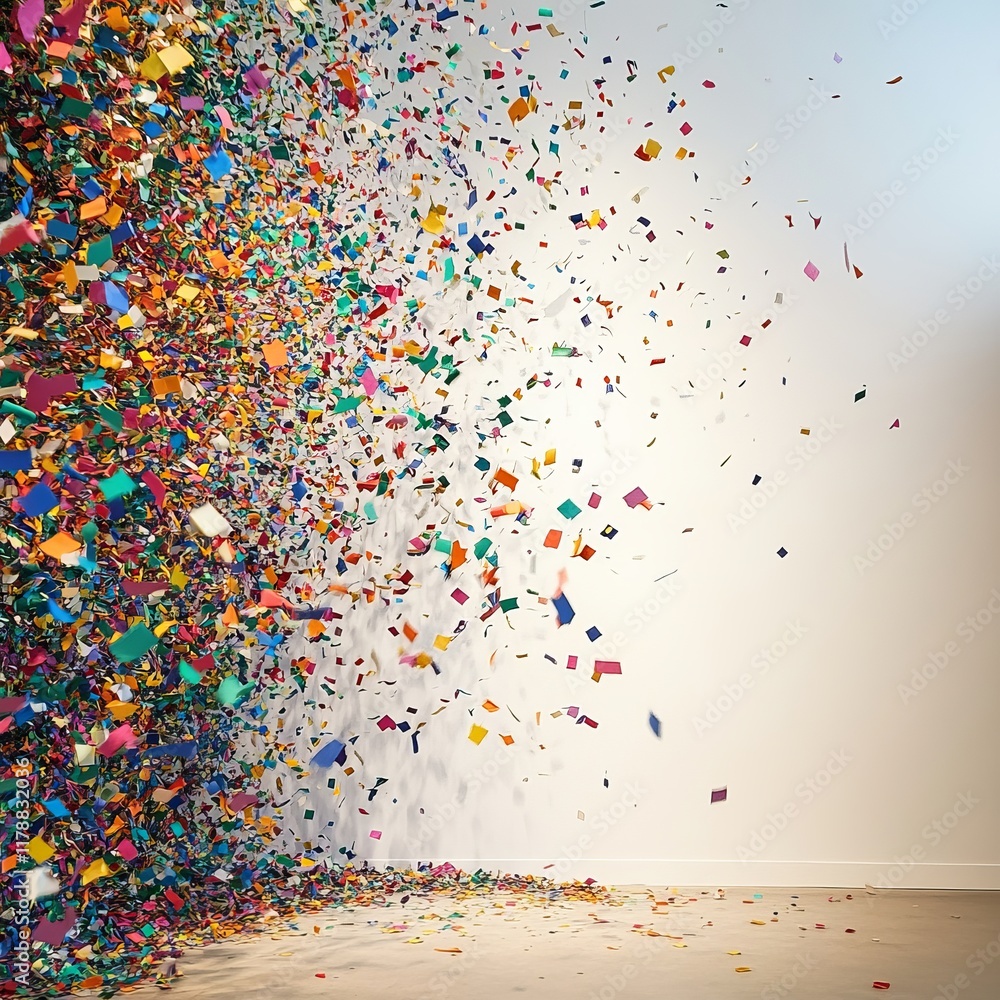 Poster a vibrant display of colorful confetti scattered against a white wall, creating a dynamic and energe