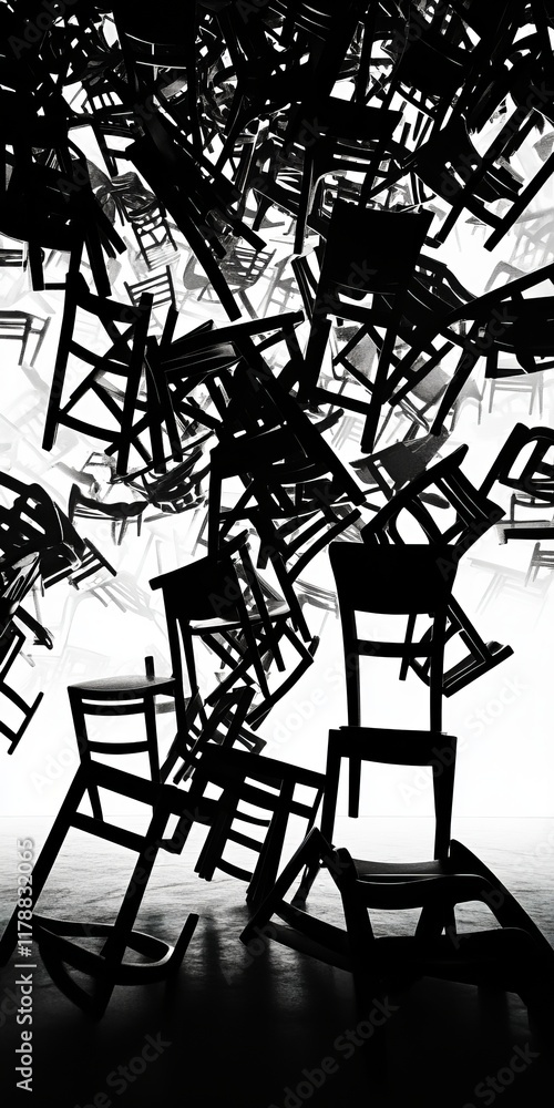 Poster a striking abstract art installation featuring numerous chairs suspended in mid-air, creating a dyna