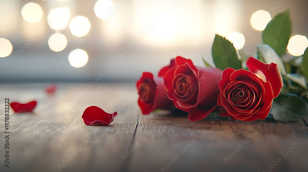 Poster elegant arrangement of vibrant red roses displayed on a vintage wooden table with a soft glowing gol