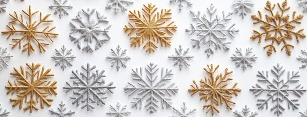 Stylish Christmas pattern featuring gold and silver snowflakes on a white background, creating a festive and elegant winter holiday theme