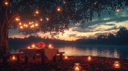Romantic Lakeside Dinner: A magical sunset illuminates a romantic lakeside dinner setting. Candles and fairy lights adorn the scene, creating an enchanting atmosphere.  