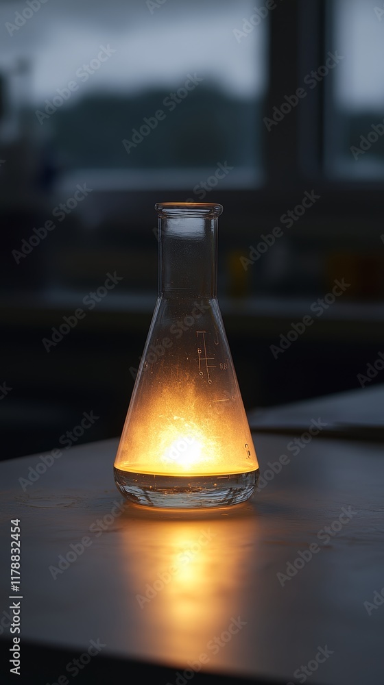 Aufkleber a glowing laboratory flask emits a warm light in a dimly lit science lab, creating a mysterious and 