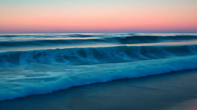 A powerful wave crashes onto the sandy shore of a beautiful beach, The gentle ebb and flow of ocean waves at dawn