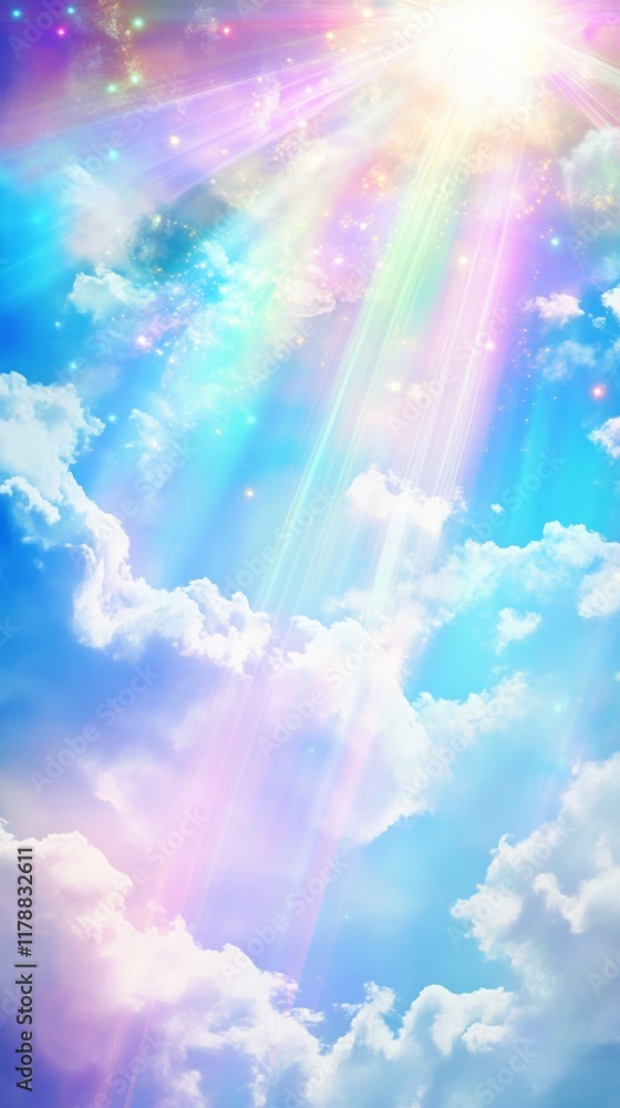 Poster captivating image of sunlight piercing through colorful clouds, creating a dreamlike and ethereal sk