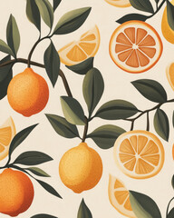 A painting of a tree with oranges and lemons on it