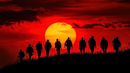 Fototapeta premium Silhouettes of soldiers on a hill against a red sunset, powerful and emotional scene 