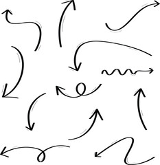 Vector set of stylized black ink arrows painted with brush strokes, ideal for creative direction, motion concepts, poster and banner