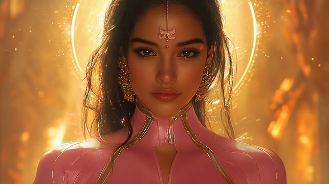 Durga is depicted in a striking portrait, wearing a pink zentai suit with attached gloves