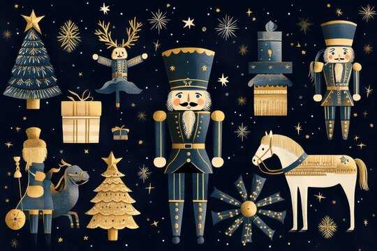 Festive nutcracker and Christmas imagery with enchanting holiday characters, golden hues, and winter decorations