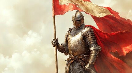 Medieval knight holding a battle standard, victorious stance with banners behind 