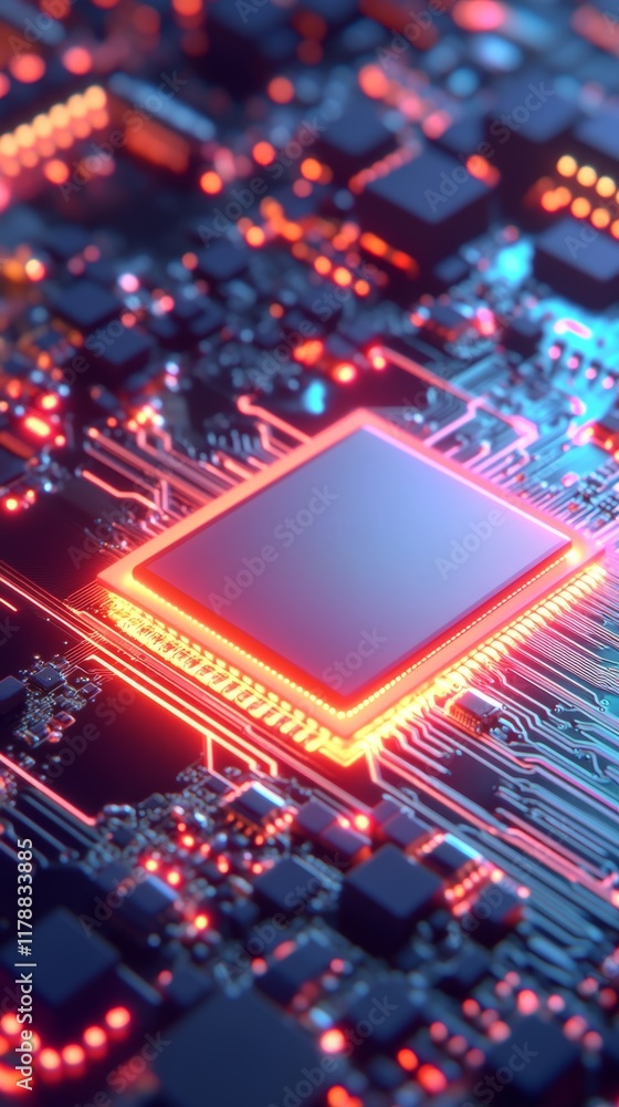 Poster detailed view of a microchip on a circuit board, illuminated with neon lights, showcasing advanced t