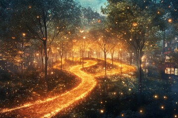 Discover a magical forest path illuminated by a soft, glowing light. This enchanting scene creates a serene atmosphere, perfect for evoking a sense of wonder.