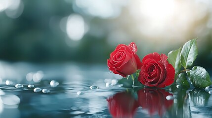 Elegant red roses floating gracefully on the still tranquil water surface with their delicate petals and reflections creating a peaceful romantic atmosphere