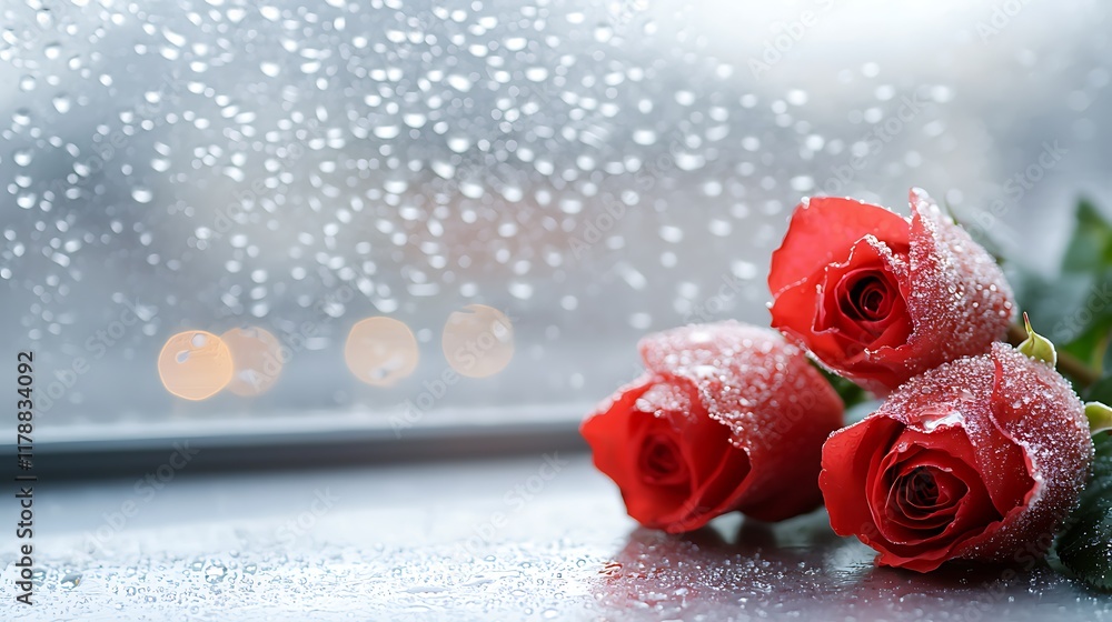 Aufkleber elegant red roses with delicate petals framed by a frosted glass window creating a romantic and sere