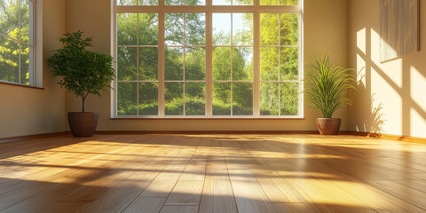 Sunlit room with large windows and greenery indoor setting interior design inspiration bright and airy atmosphere