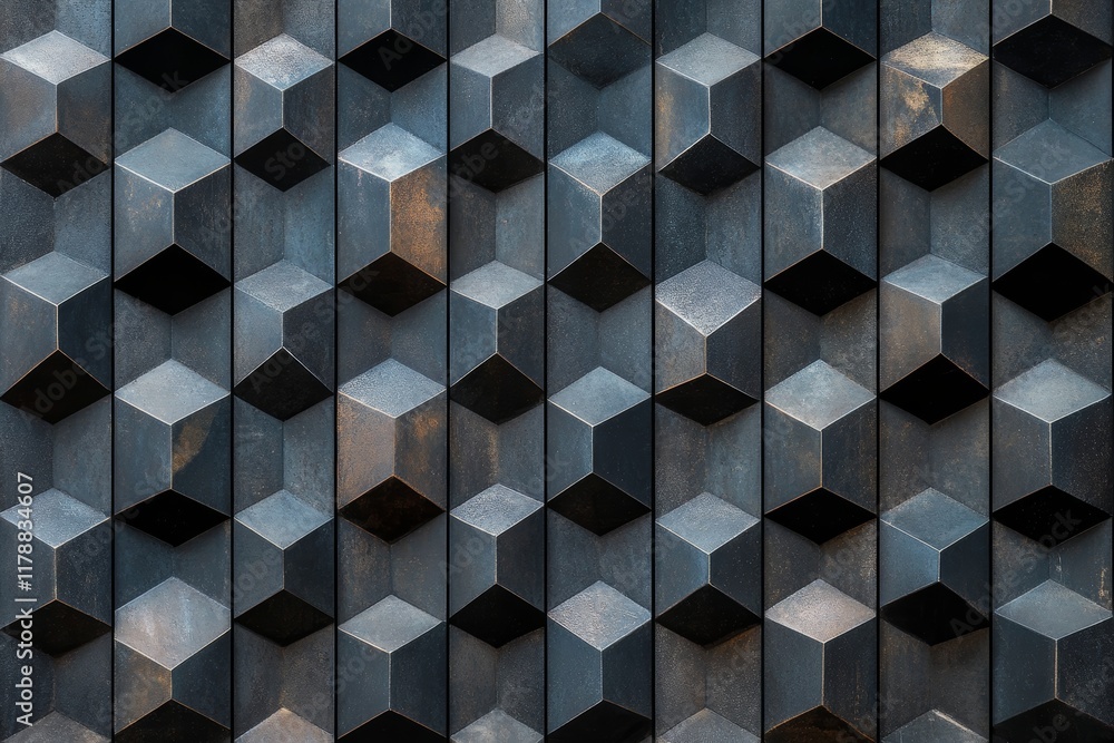 Poster close-up of a modern architectural wall featuring a geometric 3d cube pattern with a metallic textur