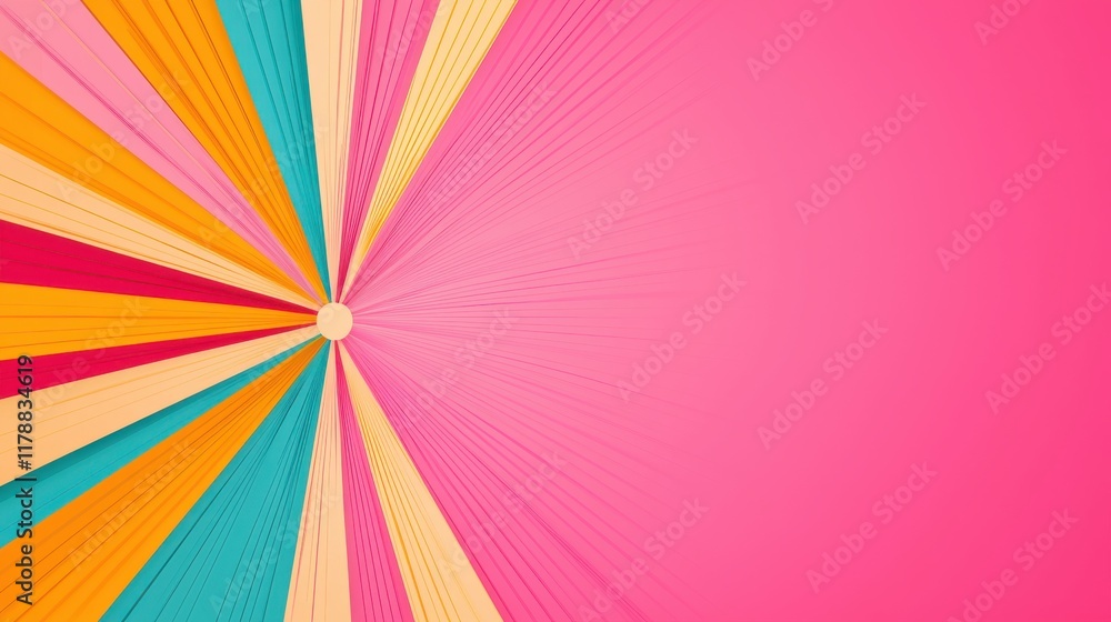 Poster a vibrant display of colorful lines radiates from a central point against a pink background, creatin