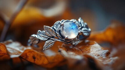 Silver Leaf Ring With Moonstone Gemstone