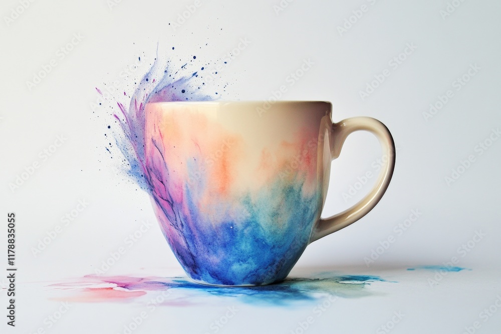 Poster cup with a splash of paint on it, it is colorful and has a splash of paint on it