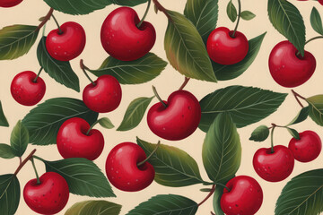 A painting of cherries with green leaves