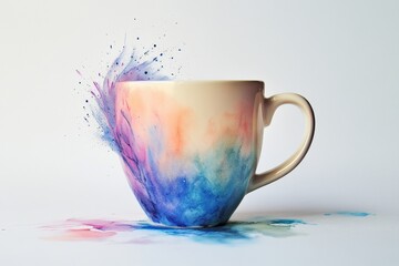 Cup with a splash of paint on it, it is colorful and has a splash of paint on it