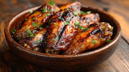 Traditional BBQ chicken wings with a perfect smoky finish, with vibrant textures and juicy detail 