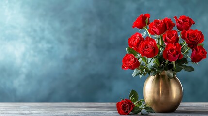 Exquisite bouquet of lush red roses elegantly arranged in a vintage brass vase set against a rustic wooden backdrop  This luxurious