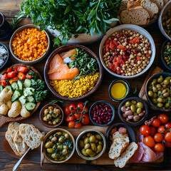 A vibrant spread of healthy Mediterranean dishes, featuring fresh vegetables, whole grains, legumes, fish, and olive oil, with a balanced flexitarian approach, set on a rustic wooden table, bright and
