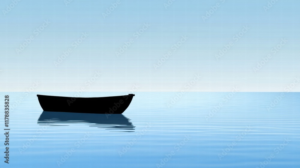 Poster Simple boat silhouette on calm water with soft reflections creating a tranquil atmosphere and ample copy space for text. Generative AI