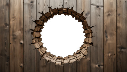 Circular hole with splintered edges in a wooden plank wall and blank space in the center