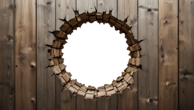 Circular hole with splintered edges in a wooden plank wall and blank space in the center