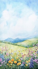 Fototapeta premium Serene watercolor painting of vibrant wildflowers in a meadow with rolling hills and a bright blue sky.