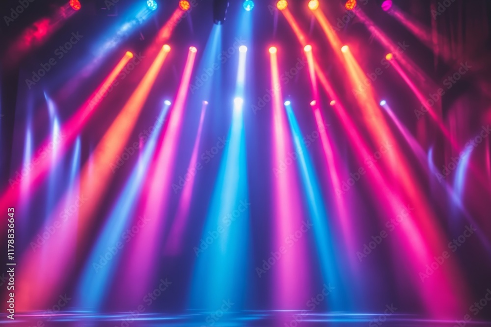 Poster a captivating display of colorful stage lights illuminating a performance area. bright beams of vary