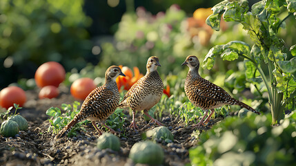 group of quails exploring pesticide free garden filled with vegetables