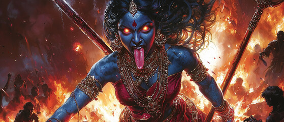 Kali, the fierce Hindu goddess, stands in a chaotic battlefield with dark blue skin, glowing eyes, and a menacing expression