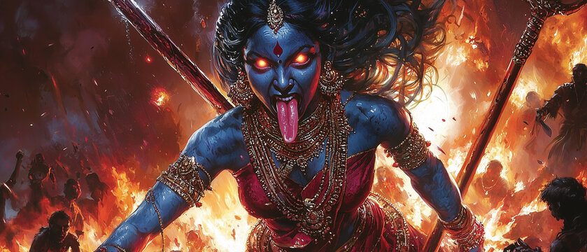 Kali, the fierce Hindu goddess, stands in a chaotic battlefield with dark blue skin, glowing eyes, and a menacing expression