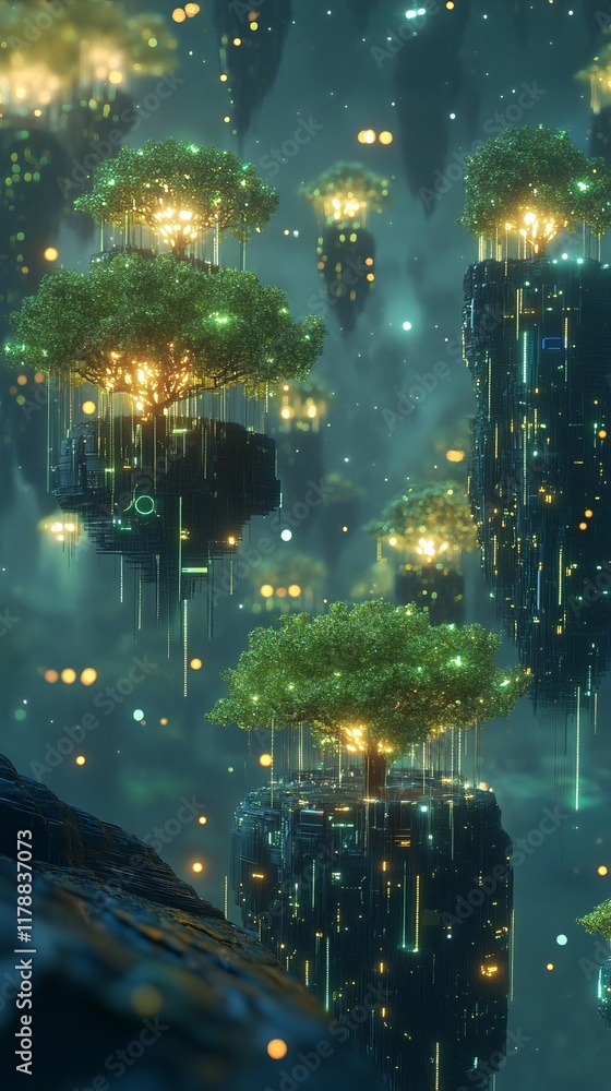 Aufkleber a tree is growing out of a building. there are many trees in the sky. the trees are green and have l