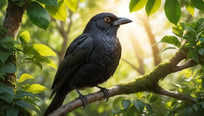 Fototapeta premium Black Bird in Sunlight: A black bird with vibrant orange eyes perches on a branch, bathed in warm sunlight filtering through lush green leaves.