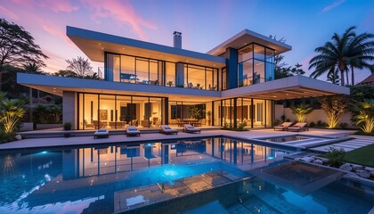 Fototapeta premium Modern Luxury Villa at Dusk: A sleek, contemporary mansion bathed in the soft glow of dusk, showcasing an expansive pool, lush landscaping, and breathtaking architectural details.