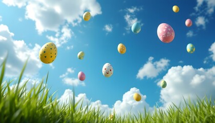 Fototapeta premium Colorful Easter eggs soaring above vibrant green grass on a joyful Easter day