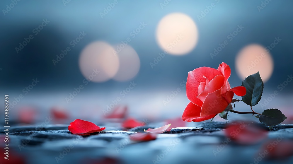 Poster glowing red rose petals illuminated under the ethereal glow of the moonlight creating an intricate a