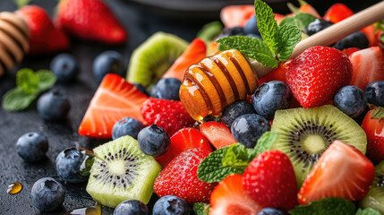 Obraz premium A bowl of fruit with a honey stick in the middle