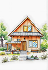 Sustainable development and eco house. Ecological house with low consumption on renovation with insulation. Efficiency energy rating concept, crayon drawing, with white tones